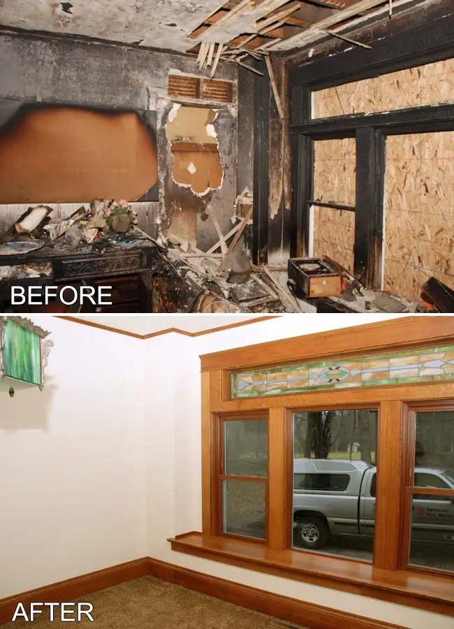 Fire damaged room restored with stained glass windows and wood trim