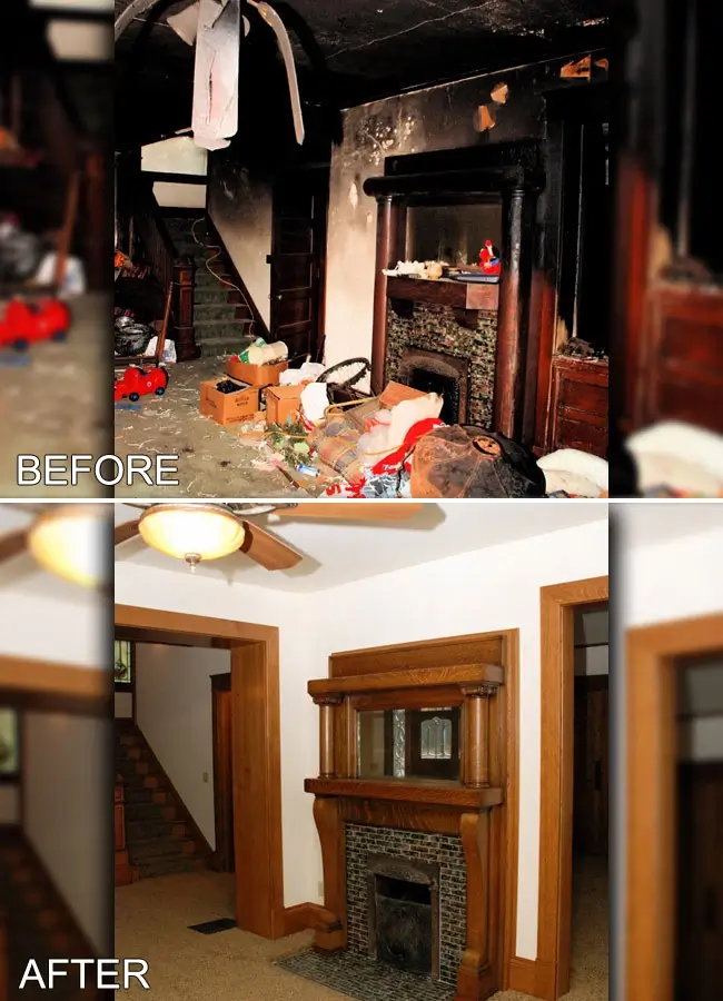 Living room fire and smoke damage restored after restoration