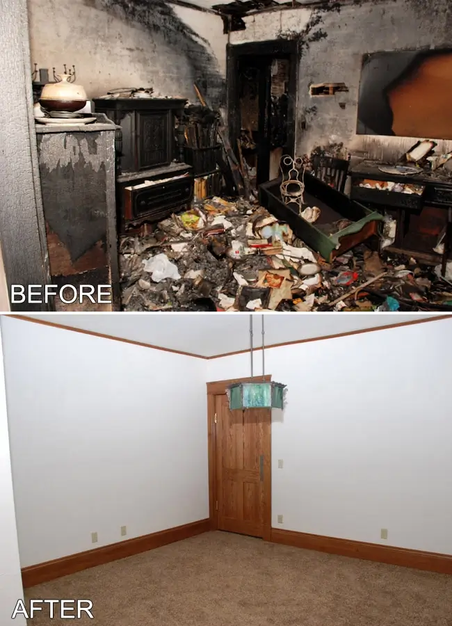 Fire damage room restoration before and after