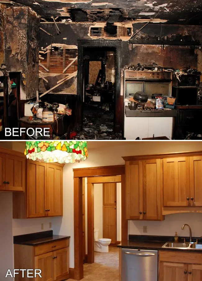 Kitchen fire damage reconstruction before and after